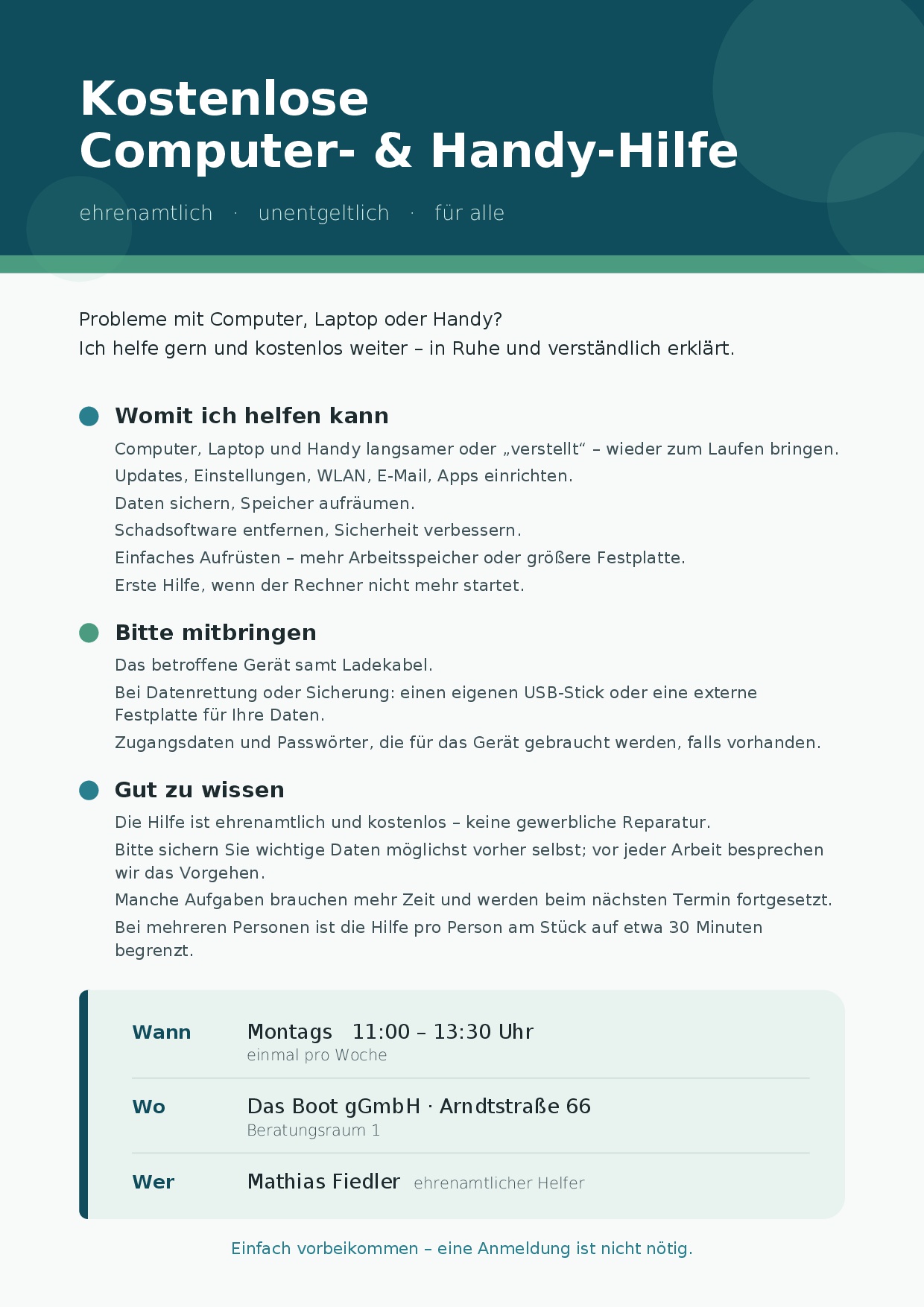 Aushang "Kostenlose Computer- & Handhilfe"